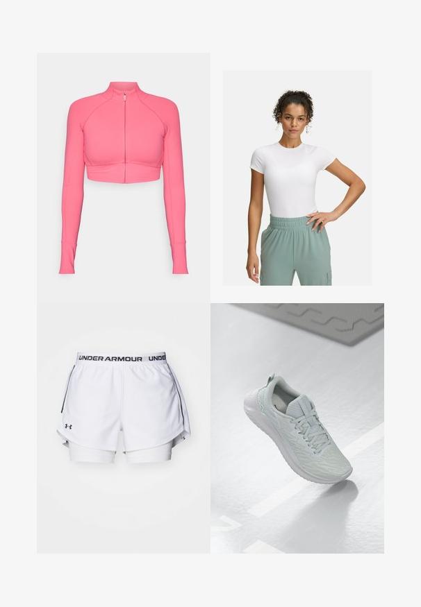 Roze cropped zip-up jack met lange mouwen, gemaakt van gladde stof, en voorzien van een getailleerd ontwerp en contrasterende stikseldetails.; Witte fitted t-shirt met korte mouwen, gecombineerd met lichtgroene broek met elastische tailleband. Gladde textuur, minimalistisch ontwerp en geen zichtbare patronen.; Witte sportshorts met een zwart Under Armour-logo op de tailleband. Kenmerkt zich door een gelaagd ontwerp met een binnenvoering en zijInsets voor meer bewegingsvrijheid.; Lichtgrijze sportschoen met een gestructureerde mesh bovenkant, vetersluiting, gedempte zool en minimaal merkdetail.
