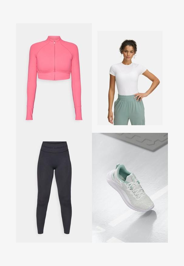 Ružová skrátená bunda na zips s dlhými rukávmi, vyrobená z hladkej tkaniny, s priliehavým strihom a kontrastnými šitými detailmi.; Biely priliehavý tričko s krátkymi rukávmi, kombinované s nohavicami so svetlozeleným elastickým pásom. Hladká textúra, minimalistický dizajn a žiadne viditeľné vzory.; Čierne legíny s vysokým elastickým pásom s textom "UNDER ARMOUR". Hladká textúra s jemnými vzorovanými akcentmi pozdĺž nôh.; Svetlošedé športové topánky s štruktúrovaným pleteným zvrškom, mätozelenými akcentmi, bielymi šnúrkami, gumovou podrážkou a pútkom na päte.