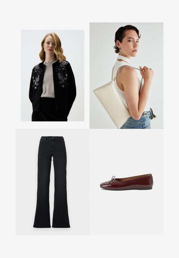 Schwarzer Samtc cardigan mit floralem Stickerei in Lila und Silber, mit rundem Halsausschnitt und offener Vorderseite, über einem grauen Oberteil getragen.; Burgunderfarbener Langarm-Sweatshirt mit Rundhalsausschnitt, gerippten Bündchen und Saum, das dezente florale Stickereien an den Ärmeln aufweist.; Schwarze hochgeschnittene Schlagjeans mit vorderen Taschen, Gürtelschlaufen und Knopfverschluss vor einem weißen Hintergrund.; Burgunderfarbenes, lackiertes Ballettschuh mit abgerundetem Zehenbereich, kleiner Schleifenakzent vorne und einer niedrigen, schwarzen Gummisohle. Glatte Textur.; Weiße rechteckige Clutch aus glänzendem Material mit einem silbernen Kettenriemen. Das Model posiert und präsentiert die Tasche vor einem schlichten Hintergrund.