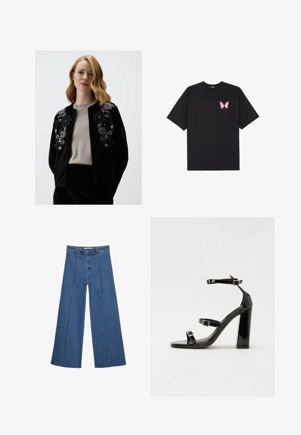 Cardigan in velluto nero con ricami floreali in viola e argento, caratterizzato da un scollo rotondo e frontale aperto, indossato su una maglia grigia.; T-shirt nera in cotone con maniche corte, caratterizzata da una piccola grafica di una farfalla rosa sul lato sinistro del petto. Design a girocollo con una vestibilità rilassata.; Jeans in denim a gamba larga di blu medio, con vita alta, chiusura con bottone e dettagli delle cuciture verticali a contrasto lungo la parte anteriore.; Sandali con tacco in vernice nera, con punta squadrata, cinturini alla caviglia e fibbie in argento. Presentano un tacco a blocco spesso per maggiore stabilità.