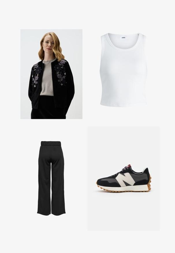 Schwarzer Samtc cardigan mit floralem Stickerei in Lila und Silber, mit rundem Halsausschnitt und offener Vorderseite, über einem grauen Oberteil getragen.; Weißes, geripptes Tanktop mit rundem Halsausschnitt, ärmellosem Design und kurzer Länge. Das Etikett trägt die Aufschrift "JJXX". Glatte Stoffstruktur.; Schwarze, weit geschnittene Hose mit elastischem Bund, aus glattem Stoff gefertigt. Hat ein cleanes Design ohne Taschen oder sichtbare Nähte.; Schwarze und graue Wildledersneaker mit einem großen cremefarbenen "N"-Logo, lila Schnürsenkeln und einer strukturierten Gummisohle.