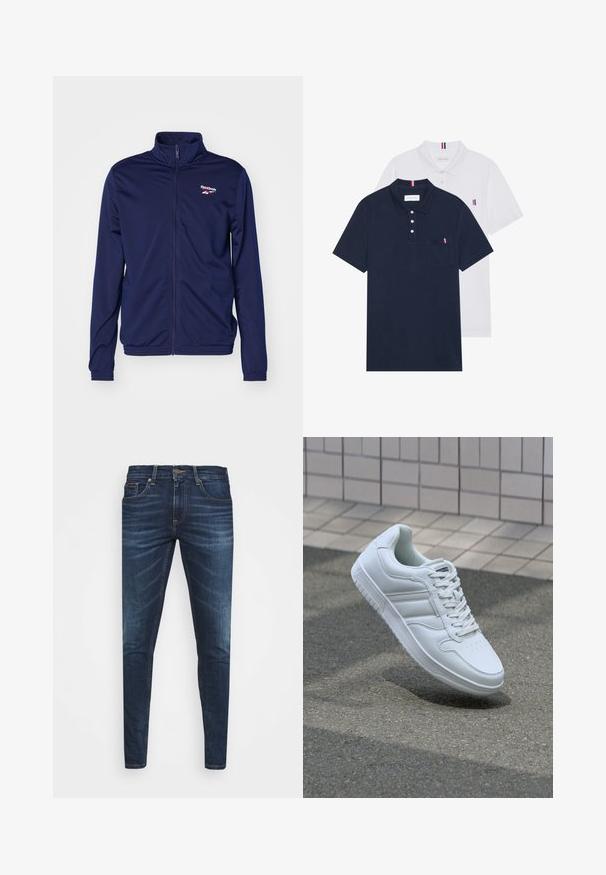 Navy zip-up jakke laget av glatt stoff med høy krage, med en liten hvit og rød Reebok-logo på venstre bryst.; To polo skjorter: en marineblå og en hvit, begge med en liten rød, hvit og blå aksent på brystlommen og kragen.; Mørkeblå denimjeans med smal passform, subtil falming, fem lommer og metallknaplukking. Sømmer i kontrastfarge.; Hvit atletisk sneaker med glatt skinnoverside, snøring foran, perforert tå og mønstrets såle. Minimalistisk design med tre side-striper.