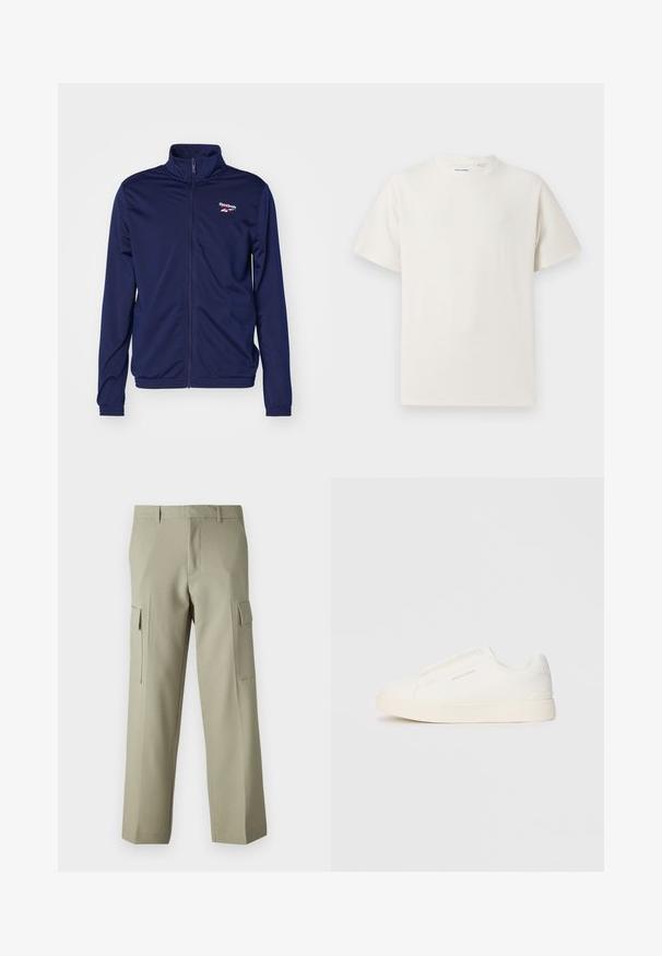 Mornarska jakna na zip od glatkog materijala s visokim ovratnikom, koja ima mali bijeli i crveni Reebok logo na lijevoj strani prsnog koša.; Bijela kratka majica s kratkim rukavima u rebrastoj teksturi. Okrugli izrez, ležeran kroj, bez vidljivih uzoraka ili akcenta. Jednostavan i svestran dizajn.; Svijetlozelene cargo hlače s ravnim krojem, s bočnim džepovima i glatkom teksturom tkanine. Prikazan stražnji pogled.; Bijele slip-on tenisice s teksturiranom površinom, debelim đonom i minimalističkim dizajnom. Sadrže logo branda sa strane.