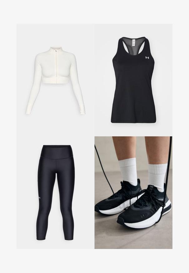 Haut zippé blanc à manches longues et court, avec un col haut, un design ajusté, une texture lisse et des poignets à trou pour les pouces.; Débardeur de sport noir avec un tissu texturé, un design dos nageur et un discret logo sur la poitrine. Matériau léger et respirant.; Leggings noirs en tissu lisse et extensible. Conception taille haute avec un ajustement près du corps et un petit logo sur la jambe gauche.; Chaussures de sport noires en tissu texturé, avec une semelle blanche et des lacets noirs. Portées avec des chaussettes blanches côtelées, debout sur une surface claire.
