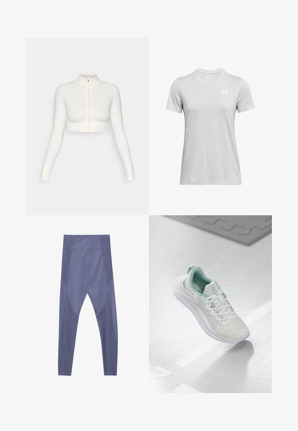 Haut zippé blanc à manches longues et court, avec un col haut, un design ajusté, une texture lisse et des poignets à trou pour les pouces.; T-shirt de sport à manches courtes en tissu gris clair, avec un col rond et un petit logo blanc sur le haut de la poitrine gauche. Texture douce.; Leggings de sport violets avec une coupe ajustée, une texture lisse et des panneaux en maille sur les côtés pour la respirabilité. Design taille haute.; Baskets de sport gris clair avec un dessus en maille texturée, accents vert menthe, lacets blancs, semelle en caoutchouc et une languette au talon.