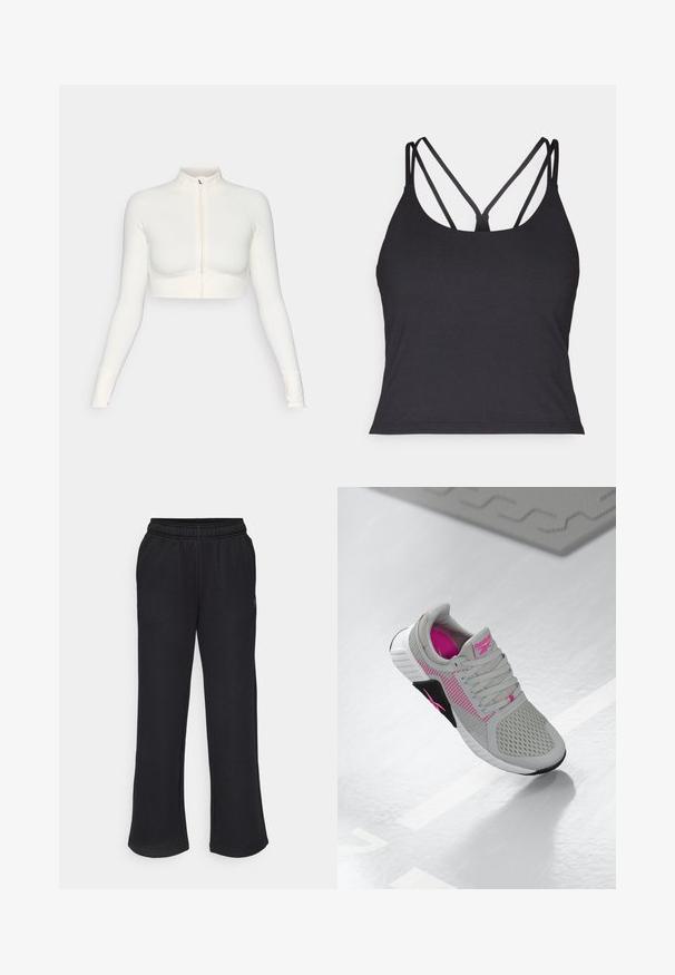 Top blanco corto con cremallera y manga larga, con un cuello alto, diseño ajustado, textura suave y puños con orificio para el pulgar.; Top negro sin mangas con tirantes finos y un diseño entrecruzado en la parte posterior. Confeccionado en un material suave y elástico con una silueta ajustada.; Pantalones de chándal negros con forma acampanada, cintura elástica y bolsillos laterales. Fabricados con tejido suave sin patrones o acentos visibles.; Zapatilla deportiva Reebok en gris y rosa con parte superior de malla y suela detallada, exhibida sobre una superficie blanca reflexiva.