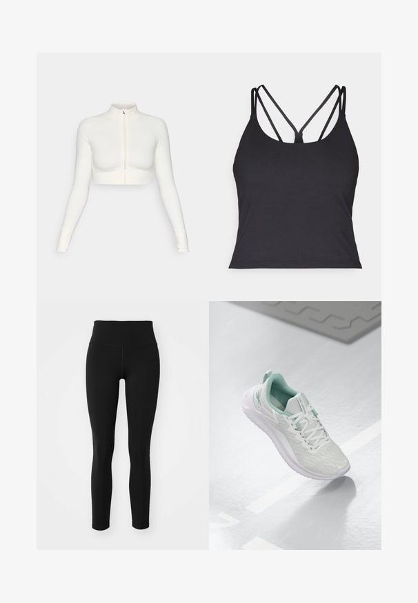 Hvit kort bukseseler-langermet topp med høy krage, tettsittende design, glatt tekstur og tommelhull på ermene.; Svart tank topp med tynne stropper og et kryssdesign på baksiden. Laget av mykt, elastisk materiale med en tettsittende silhuett.; Sorte leggings med høy midje, glatt tekstur og elastisk stoff. Ingen synlige mønstre eller detaljer. Tettsittende design.; Lys grå idrettssko med en teksturert strikket overdel, mintgrønne detaljer, hvite snøringer, gummisåle og en løftestropp på hælen.