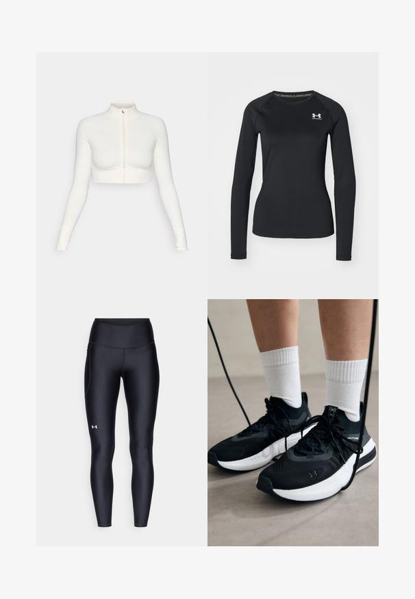 White cropped zip-up long-sleeve top with a high collar, fitted design, smooth texture, and thumbhole cuffs.; Black long-sleeve athletic shirt made of smooth fabric, featuring a round neckline and a small white logo on the left chest.; Black leggings made of smooth, stretchy material with a high waistband. Features a white logo on the left thigh and fitted design.; Black athletic shoes with textured fabric, white sole, and black laces. Worn with white ribbed socks, standing on a light surface.