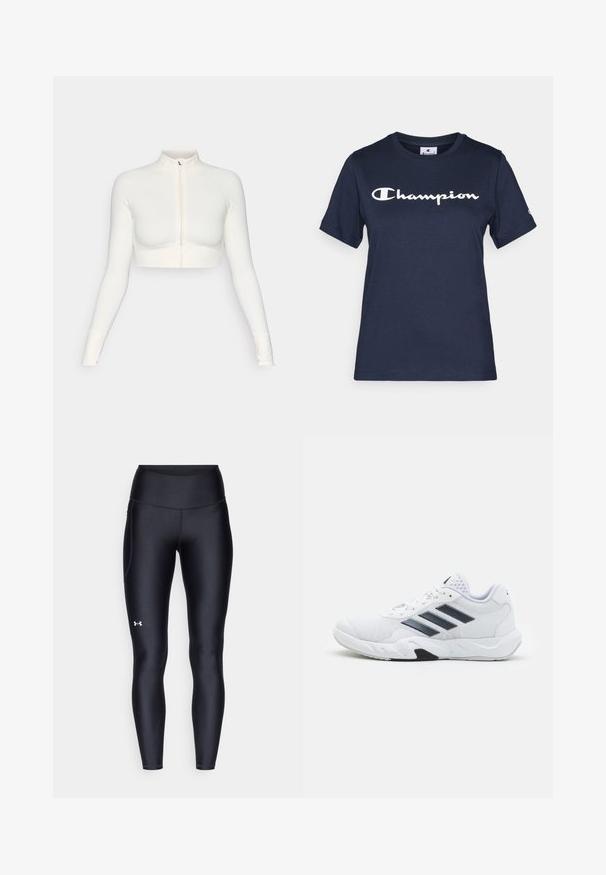 Witte cropped zip-up top met lange mouwen en hoge kraag, slim fit ontwerp, gladde textuur en duimgaten in de mouwen.; Navyblauwe katoenen t-shirt met korte mouwen, voorzien van een witte "Champion"-logo op de borst en een klein logo op de mouw.; Zwarte leggings van glad, rekbaar materiaal met een hoge tailleband. Heeft een wit logo op de linkerdij en een aansluitend ontwerp.; Witte sportieve schoen met een bovenwerk van mesh, drie zwarte strepen aan de zijkant, gestructureerde accenten en een stevige rubberen zool met een contrasterend zwart gedeelte.