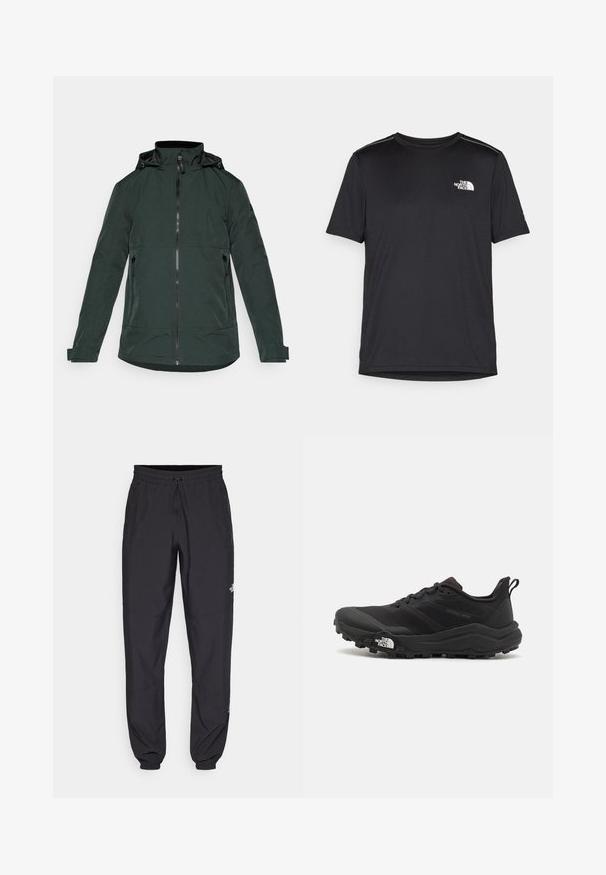 Temno zelena jakna iz gladkega blaga, z višjim ovratnikom, sprednjim zadrgo in dvema stranskima žepoma z zadrgo. Dolgi rokavi s manšetami.; Črna kratkosleevena majica iz lahkotnega materiala. Ima majhen bel logo na levem prsnem delu in diskretne poudarke na ramenskem predelu.; Črne atletske hlače iz lahkega materiala, ki imajo elastični pas z vezalko, stranske žepe in zožene manšete na gležnjih.; Črne tekaške čevlje za trail s teksturirano zgornjega dela, gumijastim podplatom in ojačanim zaključkom prstov. Vključuje oblazinjen ovratnik in zanko za enostavno obuvanje.