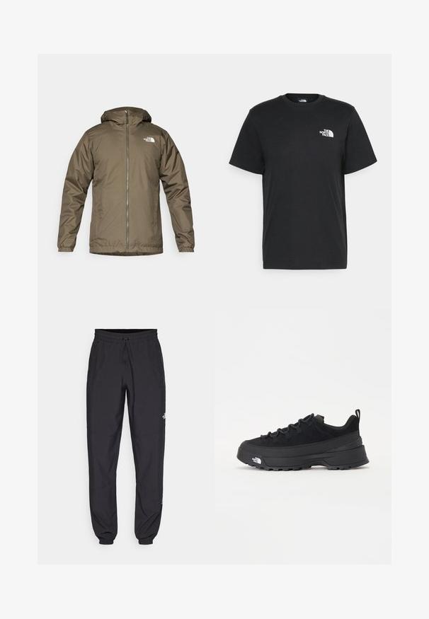 Brun zip-up hettejakke med elastiske mansjetter og The North Face-logo på venstre bryst, vist på en ensfarget bakgrunn.; Svart bomull t-skjorte med korte ermer, rund hals og en liten hvit logo på venstre bryst. Enkel design, glatt tekstur og avslappet passform.; Sorte idrettsbukser laget av lett stoff, med snor i livet, sidelommer og smale mansjetter ved anklene.; Svart utendørs sneakers med overdel i semsket skinn, teksturert gummisåle og solid snøresystem. Har forsterket hæl og merkevarelogo på siden.