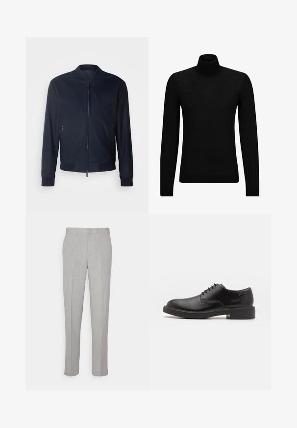 Jūrų laivyno bombonešių striukė, užtrauktukas priekyje, raibotas apykaklė ir rankogaliai, šoninės kišenės, judaus medžiagos tekstūra, minimalus dizainas, be matomų raštų ar akcentų.; Juodas aukšto kaklo megztinis, pagamintas iš minkštos medžiagos, su ilgomis rankovėmis ir prigludusia forma. Su raukiniais apačioje ir rankogaliuose. Paprastas dizainas.; Šviesiai pilki kelnės su lygiu paviršiumi, plokščiu priekiu ir tiesiomis kojomis. Pagamintos iš kvėpuojančios medžiagos, su vidinėmis kišenėmis ir diržo kilpomis.; Juodas odinis batų modelis su raišteliais, apvaliu nosiu, lygiu paviršiumi, minimaliai siuvinėjimu ir žemu guminėmis pakulne. Ant pakulnės šalia logo.