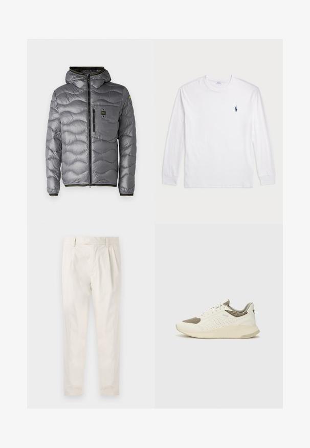 Giacca a vento grigia con cappuccio, caratterizzata da un design trapuntato, zip frontale e tasca sul petto. Accenti neri e gialli a contrasto.; T-shirt bianco a maniche lunghe realizzato in cotone. Presenta un collo rotondo, polsini a coste e un piccolo logo in blu navy del polo sul lato sinistro del petto.; Pantaloni bianchi plissettati con taglio su misura, caratterizzati da una texture liscia, passanti per la cintura e gambe affusolate. Nessuna tasca o motivo visibile.; Sneaker atletica bianca e beige chiaro, con tomaia in mesh, dettagli perforati e una suola intermedia texturizzata con marchio sul tallone.