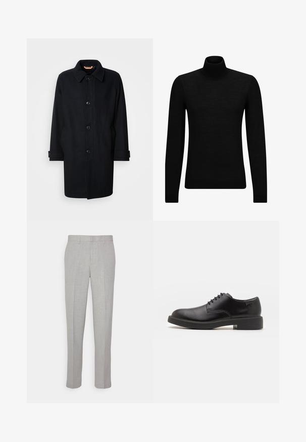 Mustast villaseest valmistatud klassikalise disainiga mantel, nupplukuga, terava krae ja reguleeritavate mansettidega. Sile tekstuur, põlvekõrgune siluett.; Musthave muströid ja pehmest materjalist must turtleneck, millel on pikad varrukad ja tihe istuvus. Ribaga ääris allservas ja vöökohal. Lihtne disain.; Heledad hallid püksid sileda tekstuuriga, lame esiots ja sirged sääred. Valmistatud hingavast kangast, millel on sisepocketid ja vöölõngad.; Must beemel levalis kingad ümarate varvastega, sileda pinnaga, minimaalsete õmblustega ja madala kummist kontsaga. Logo kontsa peal.