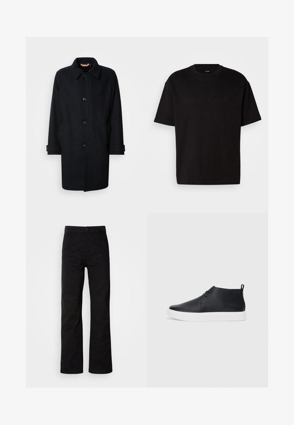 Cappotto in lana nera con un design classico, chiusura a bottoni, colletto a punta e maniche regolabili. Texture liscia, silhouette fino al ginocchio.; T-shirt in cotone nero con maniche corte, caratterizzato da un logo "Calvin Klein" in rilievo sul davanti, scollatura rotonda e una vestibilità rilassata.; Pantaloni neri in cotone con design a gamba dritta, dotati di chiusura a bottone e passanti per cintura. Tessuto liscio e stile minimalista senza motivi visibili.; Sneakers alte in pelle nera con finitura liscia, suola in gomma bianca e un design semplice con lacci. Presentano un occhiello sul retro.
