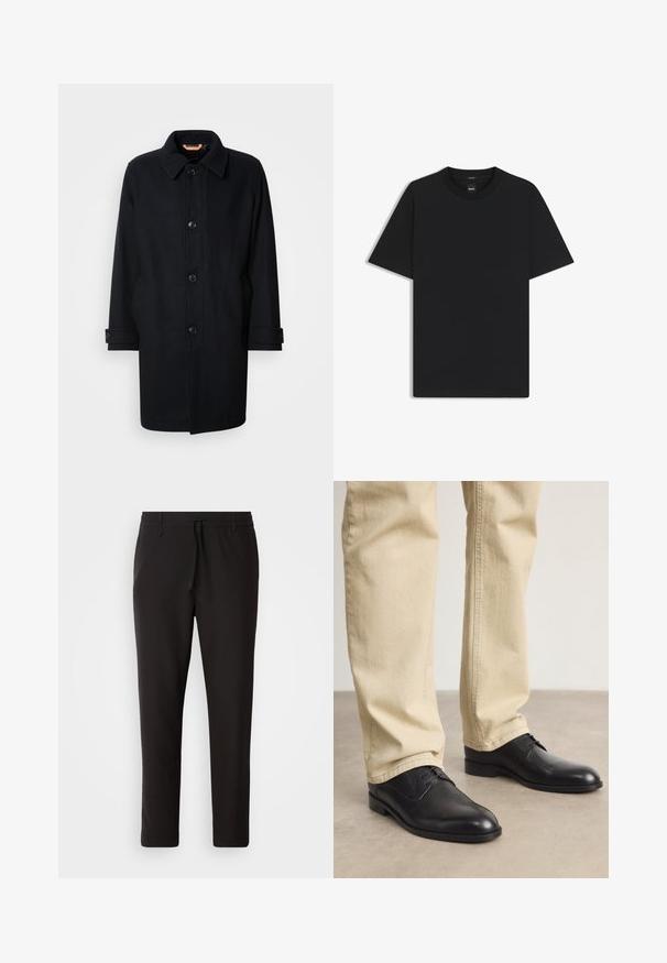 Cappotto in lana nera con un design classico, chiusura a bottoni, colletto a punta e maniche regolabili. Texture liscia, silhouette fino al ginocchio.; Maglietta nera a maniche corte realizzata in un morbido misto cotone, con scollatura a girocollo e un design minimalista senza motivi o dettagli.; Pantaloni jogger neri realizzati in tessuto liscio. Presentano una vita elasticizzata con stringa, gambe affusolate e senza tasche visibili. Design semplice.; Scarpe stringate in pelle nera con punta arrotondata, finitura liscia e dettagli di cucitura sottili, indossate con pantaloni beige chiaro.