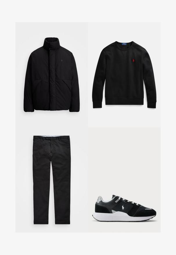 Juodas pūkinis švarkas su aukštu apykakle, minimalistiniu dizainu, dviem priekiniais kišenėmis ir mažyte logotipu ant krūtinės. Švelni tekstūra.; Juodas medvilninis džemperis su apvalia iškirpte, kairėje krūtinės pusėje mažas raudonas logotipas, su ribuotomis rankogaliais ir apačia.; Juodos kelnės su tiesiomis kojomis, pagamintos iš medvilnės ir poliesterio mišinio, su užtrauktuku, diržo kilputėmis ir šoninėmis kišenėmis. Lygus paviršius.; Juoda ir balta žema sneakeris su tinklo ir zomšos viršumi, baltais raišteliais, balta pado dalimi ir polo žaidėjo logotipu šone.
