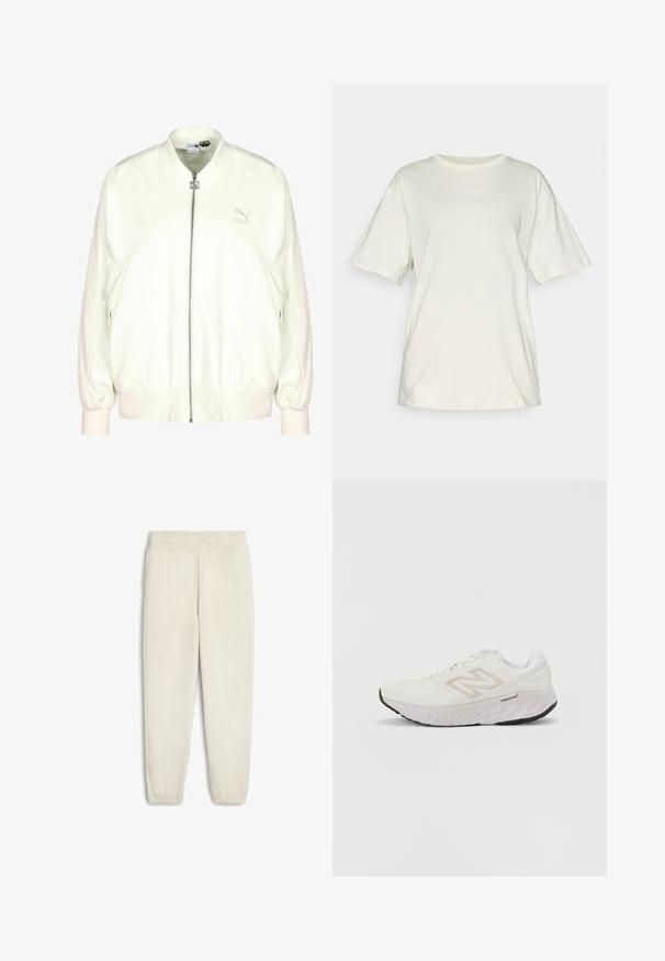 Krémová bomber bunda so zipsom na prednej strane, rebrovanými manžetami a spodným lemom a diskrétnym logom na hrudi. Mäkká textúra a voľný strih.; Svetlo béžové bavlnené tričko s krátkymi rukávmi, okrúhlym výstrihom a malým bielym logom Puma umiestneným v strede hrude. Mäkko, ležérny strih.; Svetlo béžové tepláky vyrobené z mäkkej tkaniny, s elastickým pásom, manžetami na členkoch a malým bielym logom na boku.; Biele športové topánky s vrchnou časťou z mäkkej sieťoviny, polstrovaným golierom a hrubou, textúrovanou podrážkou. Obsahujú svetlošedý akcent a logo "New Balance" na boku.