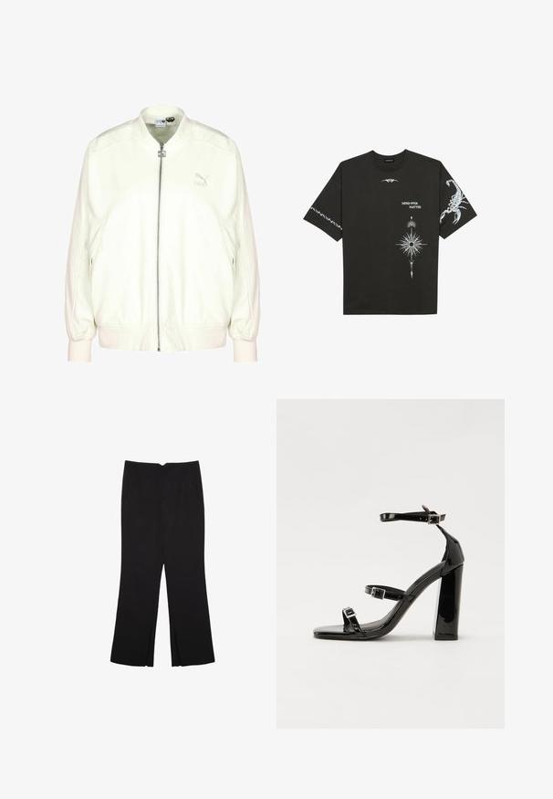 Veste bomber crème avec une fermeture éclair à l'avant, des poignets et un ourlet côtelés, et un logo discret sur la poitrine. Texture douce et coupe décontractée.; T-shirt noir en coton présentant des impressions graphiques blanches, incluant un scorpion et des motifs abstraits. Manches courtes ; col rond.; Pantalon noir avec une coupe droite, doté de poches avant et d'éclairs sur l'ourlet. Fabriqué en tissu doux et lisse. Convient à diverses occasions.; Sandales à talons hauts en cuir verni noir avec deux brides à boucles, bout carré et talon bloc épais, présentant une texture lisse et brillante.