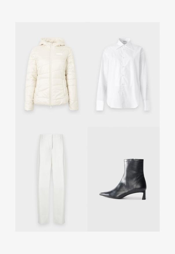 Puffer jacket in cream color, featuring a zip front, a hood, and a quilted texture with horizontal seams. Includes a small logo on the chest.; Filippa K TUXEDO - Button-down blouse - white; Paul Smith Trousers - white; Black leather ankle boot with a pointed toe and a sleek design. Features a low heel and a zipper closure at the back. Smooth texture.