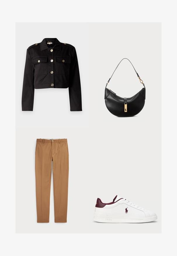 Fekete, rövidített dzseki strapabíró anyagból, aranyszínű gombokkal, két mellzsebbel és vállpántokkal, amelyek extra részleteket adnak.; Fekete kötött kardigán kábelmintával, öt arany gombbal és két elülső zsebbel. Bordázott szegély és mandzsetták.; Fehér pamut póló, amelyen egy fekete kabátot és sapkát viselő mesebeli medve látható, sárga garbóval és fekete cipővel. A szöveg: "Polo Bear by Ralph Lauren".; Barna pamut nadrág, karcsú szabású, sima elülső résszel és standard zsebekkel; sima tapintású és hemzsegő szegélyekkel.; Fehér bőr sportcipő bordó részletekkel, kerek orr, dombornyomott logó és lapos fűzők. Texturált talp és sima felületű részletek.; Fekete bőr kézitáska félhold alakú formában. Aranyszínű fémrészekkel és keskeny pánttal rendelkezik. Simább felület, cipzáras záródás a tetején.