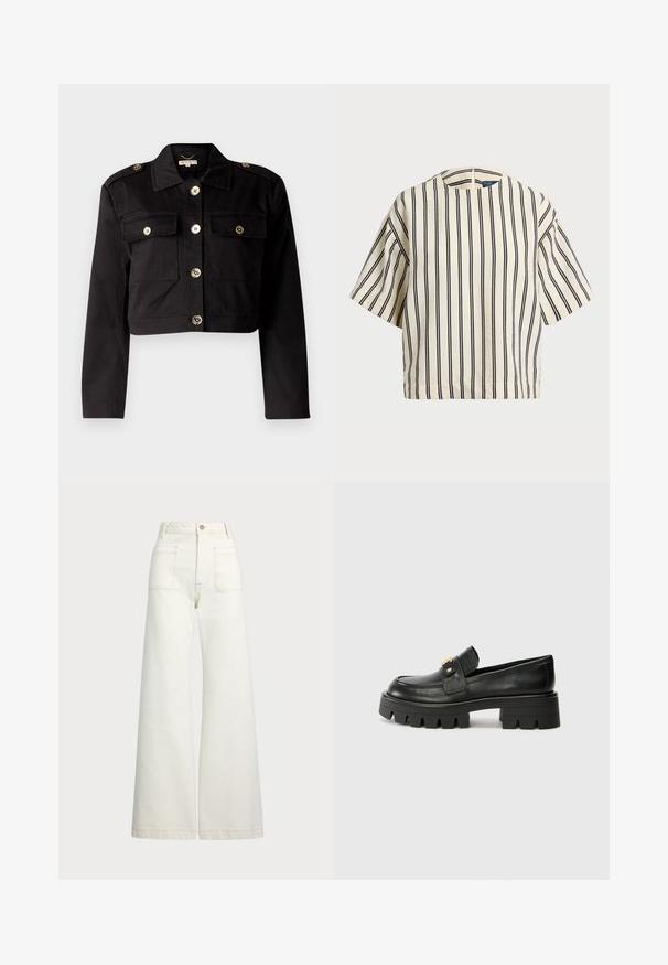 Must tükeldatud jack, mis on valmistatud tugevast kangast ja millel on kuldtooni nupud, kaks rinna taskut ja õlavarre epauletid, et lisada detaili.; Kreemjas ja tumesinises triibuline lühikeste varrukatega top, millel on ümmargune kaelus ja kastmine disain, valmistatud tekstuurses kangas.; Laiad teksad heledast denimist. Kõrge vöökoht, nööbivöö, kaks esikotitäit ja kontrastsed õmblused.; Mustast nahkfrontaalid, millel on paks tald, esiosas kullatooni aksent ja sile viimistlus. Talse paksu mustriga disain.