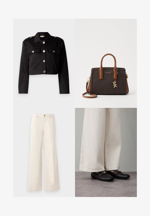 Black cropped jacket in sturdy fabric featuring gold-tone buttons, two chest pockets, and shoulder epaulets for added detail.; White sleeveless top made of smooth fabric, featuring a round neck and subtle pleats on the shoulders, with a curved hemline.; Beige wide-leg pants made of cotton with a smooth texture. Features a button closure, front pockets, and a classic waistband design.; Black leather loafers with gold hardware detail, worn with wide, cream-colored pants, showing a smooth texture and rounded shape.; MICHAEL Michael Kors LAILA SATCHEL - Handbag - brown