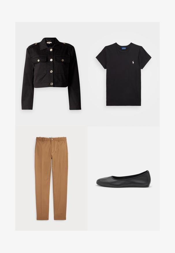 Fekete, rövidített dzseki strapabíró anyagból, aranyszínű gombokkal, két mellzsebbel és vállpántokkal, amelyek extra részleteket adnak.; Fekete pamut póló kerek nyakkivágással, rövid ujjakkal és fehér hímzett logóval a bal mellrészen. Simább textúra, laza stílus.; Barna pamut nadrág, karcsú szabású, sima elülső résszel és standard zsebekkel; sima tapintású és hemzsegő szegélyekkel.; Fekete bőr balettcipő lekerekített orral, sima tekstúrával, minimális varrással és rugalmas talp kialakítással.
