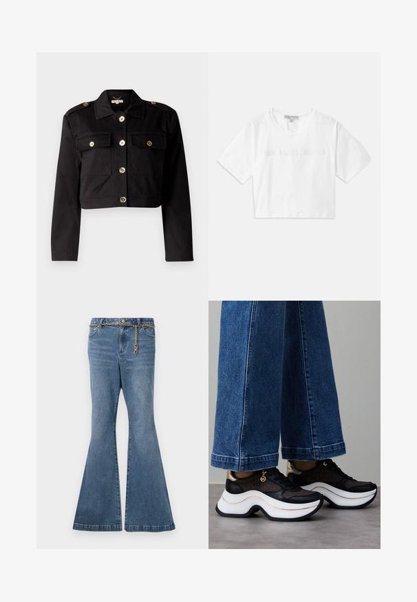 Sort cropped jakke i robust stof med guldfarvede knapper, to brystlommer og skulderepauletter for ekstra detaljer.; Hvid kortærmet T-shirt lavet af bomuld, med korte ærmer og "MICHAEL KORS" logo i matchende broderet tekst over fronten.; Flared blå jeans i mellemvasket denim, med en guldkæde detalje i taljen og standard fem-lomme design.; Sorte og guld sneakers med en buet hvid sål. Tekstureret stof med logo-detaljer. Kombineret med brede blå denimbukser.