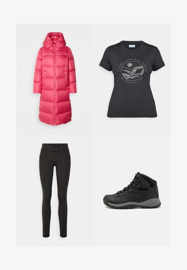 Marc O'Polo COAT FIXED HOOD WELT POCKETS SIDE SLITS BACKPACK BELTS - Páperový kabát - sundown; Čierne tričko Columbia s bielou kruhovou grafikou hory a rieky a textom "Columbia Sportswear Company vonku od roku 1938."; Čierne legíny s vysokým pásom, so šnúrkou na stiahnutie, hladkou textúrou a priliehavým strihom. Obsahujú švy po stranách.; Čierna turistická obuv s polovičným strihom, s textúrovaným zvrškom, šedými akcentmi a odolnou gumovou podrážkou s protišmykovými hrebienkami.