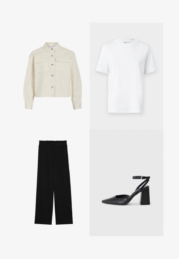 Lühendatud kreemivärvi nööpidega särk, mis on valmistatud tekstureeritud kangast, millel on diagonaalsed lõikemustrid. Omab kahte rinnataskut ja hõbedase tooni nööpe.; Valge puuvillane ümarakaelusega T-särk, millel on lühikesed varrukad ja sile tekstuur. Kujundatud mugava ja mitmekesise istuvuse jaoks.; Mustad laiad püksid rüüstatud vöökohtadega, millel on kaks küljetaskut ja ühetaoline, kerge kangas. Ilma nähtavate mustrite või seadmeteeta.; Mustmustest must-käigukingad, millel on konksuga nöör ja paks konts. Ühtlane tekstuur, stiilne disain ja minimalistlik esteetika.
