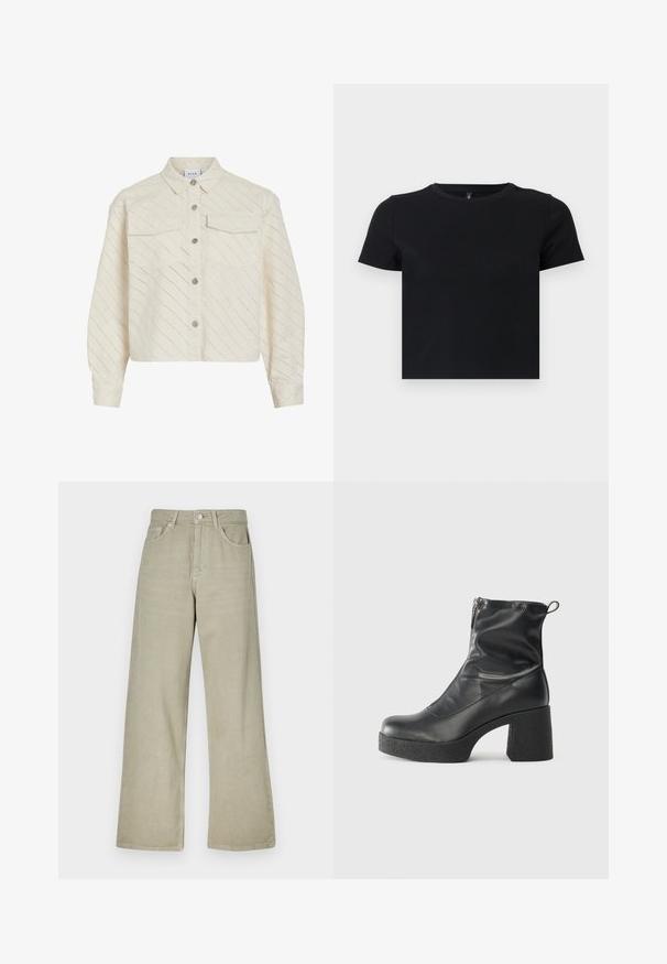 Skraćena kremena košulja sa dugim rukavima, izrađena od teksturirane tkanine s dijagonalnim izrezanim uzorkom. Ima dvije džepa na prsima i gumbe u srebrnoj boji.; Crna majica s kratkim rukavima napravljena od mekanog pamuka. Ima okrugli izrez i pripijen kroj. Glatka tekstura bez uzoraka ili naglasaka.; Bež široke traperice od mješavine pamuka. Imaju kopčanje na dugme, pet džepova i čistu, teksturiranu završnu obradu tkanine.; Crne gležnjače od glatke kože, s bočnim zatvaračem, debelim teksturiranim potplatom i dizajnom s zaobljenim prstima.