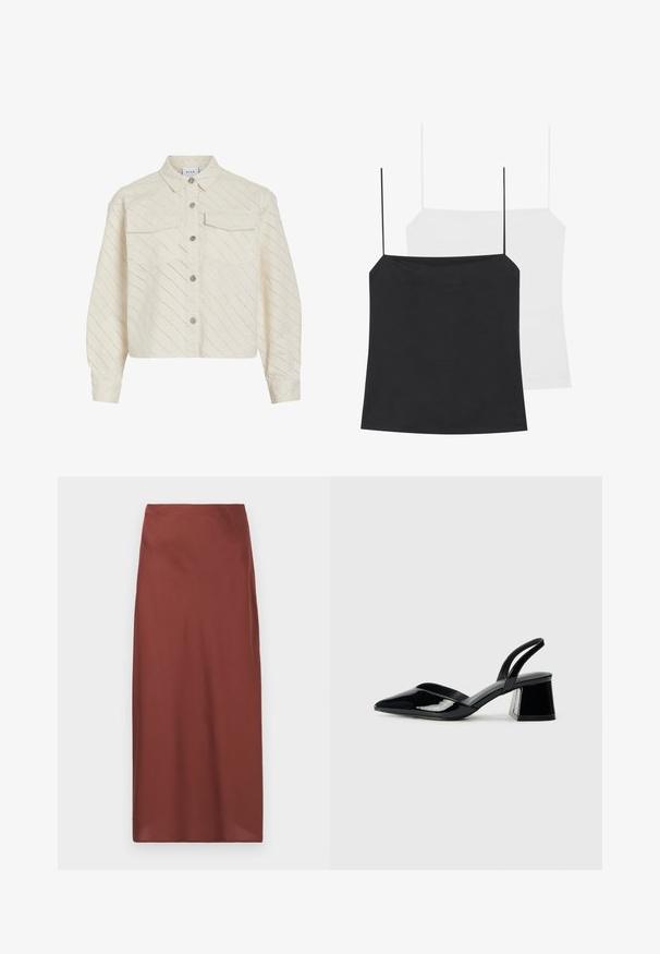 Vuoriin leikatusta kermavärisestä napitettavasta puserosta, joka on valmistettu teksturoidusta kankaasta, jossa on vinot leikkuukuviot. Sisältää kaksi rintataskua ja hopeansävyisiä nappeja.; Kaksi topin tapaista esitellään: yksi musta ja yksi valkoinen. Molemmissa on ohuet olkaimet ja ne ovat tiukasti istuvia, valmistettu sileästä ja joustavasta kankaasta.; Bordeaux, polvenpituinen hame, joka on valmistettu sileästä kankaasta ja jossa on suora leikkaus sekä hienoinen kiilto. Hameessa on korkea vyötärö eikä näkyviä kiinnityksiä.; Mustat patentoitu nahkakengät, joissa on säären takaosa ja terävä kärki, sekä geometrinen palikkakorko. Sisältää tyylikkään, minimalistisen muotoilun ja sileän pinnan.