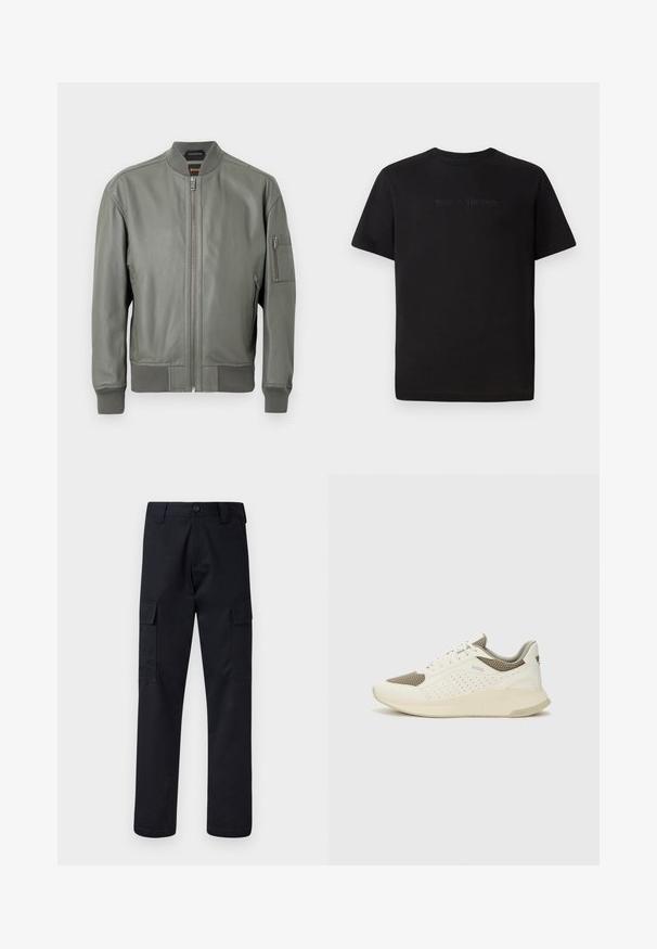 Tmavozelená kožená bomber bunda so zipsom vpredu, rebrovanými manžetami a golierom. Má bočné vrecká a vrecko na ruke so zipsom.; Lacoste Základné tričko - black; Čierne cargo nohavice vyrobené z odolnej tkaniny, s rovnými nohavicami, dvoma bočnými vreckami a zapínaním na gombík v páse.; Biele a svetlo béžové športové tenisky s hornou časťou z mriežkového materiálu, perforovanými detailmi a textúrovanou medzipodrážkou s logom na päte.