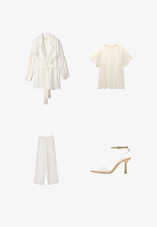 Vit lättviktsjacka med krage, med texturerad pom-pom kant längs kanterna och ett matchande bälte för stängning. Långa ärmar.; Ljus beige kortärmad t-shirt med rund halsringning, tillverkad av mjuk, slät tyg. Har en avslappnad passform och rak nederkant.; Vita vida byxor i vid passform gjorda av ett lättviktsmaterial. Har en elastisk midja med dragsko och sidofickor. Slät textur.; Klart häl sandal med en transparent ovandel, beige fotbädd och en smal ankelrem. Har en spetsig tå och en tunn hög klack.
