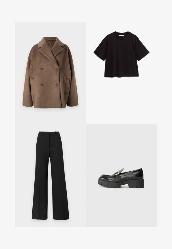 2nd Day CALISA - Zimski plašč - olive night; Črna bombažna kratka majica s krožnim izrezom in kratkimi rokavi. Ima sproščen kroj in preprost, neokrnjen dizajn.; Črne široke hlače s krojem po meri, ki imajo gladko teksturo in subtilne nabore spredaj. Brez vidnih kovinskih delov ali vzorcev.; Črne usnjene loaferje z debelim gumijastim podplatom. Imajo nagubano zaponko in šivano obrobo vzdolž zgornjega dela. Raven peti.