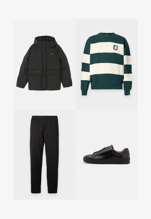Black puffer jacket with a hood. Features a zip front, two large front pockets, and a smooth, quilted texture. Logo on the chest.; Dark green and white striped long-sleeve sweatshirt with "Italy EA7" badge on the chest and small EA7 tag on the cuff.; Black elastic waistband sweatpants with slim tapered legs and small logo on upper thigh, displayed on white background.; Black leather sneaker with a smooth finish, round toe, and black laces. Features minimal branding on the heel and a rubber outsole.