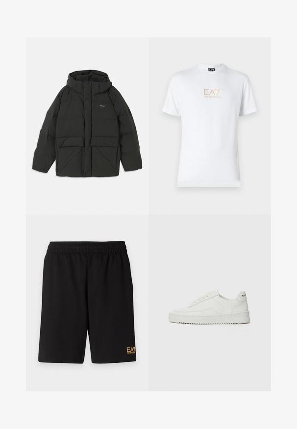 Black puffer jacket with a hood. Features a zip front, two large front pockets, and a smooth, quilted texture. Logo on the chest.; White cotton t-shirt featuring a round neckline and short sleeves, with a gold EA7 Emporio Armani logo printed on the front.; Black athletic shorts made of soft fabric,Featuring an elastic waistband and a small yellow EA7 logo on the lower left leg.; White leather sneaker with a smooth finish, round toe, flat laces, and a textured sole. Features a subtle logo on the heel.