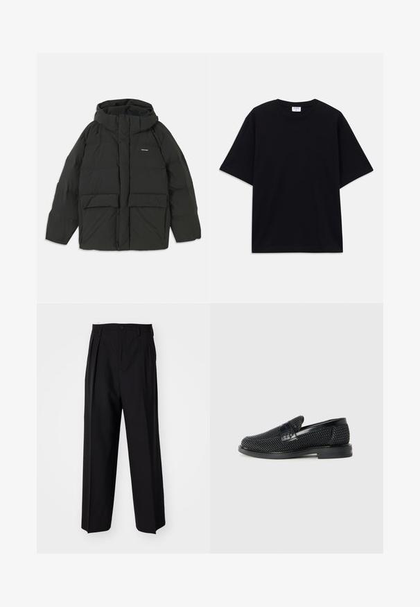 Černá péřová bunda s kapucí. Má zipový přední uzávěr, dvě velké přední kapsy a hladkou, prošívanou texturu. Logo na hrudi.; Černé oversized tričko s krátkým rukávem, kulatým výstřihem a viditelnou značkou Filippa K uvnitř límce.; Černé skládací kalhoty s rovnými, širokými nohavicemi. Vyrobené z hladké tkaniny, se zapínáním na knoflík a poutky na opasek.; Černé pletené nazouvací boty s hladkým koženým akcentem na svršku, kulatou špičkou a nízkoprofilovou gumovou podrážkou.