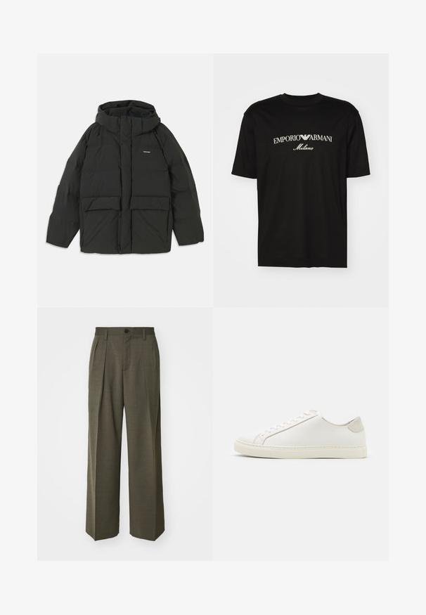 Zwarte pufferjack met een capuchon. Heeft een rits aan de voorkant, twee grote voorzakken en een gladde, gewatteerde textuur. Logo op de borst.; Zwarte katoenen T-shirt met een ronde halslijn, korte mouwen en het "EMPORIO ARMANI" logo in het wit boven "Milano" in een gebogen ontwerp.; Filippa K WIDE TROUSERS - Broek - driftwood; Witte leren sneaker met een gladde oppervlakte, ronde neus en minimalistisch ontwerp. Heeft beige accenten op de hiel en een rubberen zool.