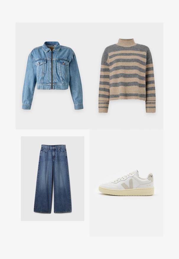 Zkrátená džínsová bunda vo svetlom modrom odtieni, so zipsom vpredu, dvoma náprsnými vreckami a dlhými rukávmi. Ošúchaná textúra s viditeľným prešívaním.; Prúžkovaný pletený sveter s šedými a béžovými farbami, vysokým golierom, širokými manžetami a voľným strihom s krátkym dizajnom.; Džíny s širokými nohavicami v modrej farbe s vyblednutým povrchom, s gombíkom a zipsom, piatimi vreckami a pútkami na opasok.; Biele kožené tenisky s béžovými semišovými akcentmi, perforovanou špičkou, plochými šnúrkami a textúrovanou krémovou podrážkou. Obsahujú jemné označenie na päte.