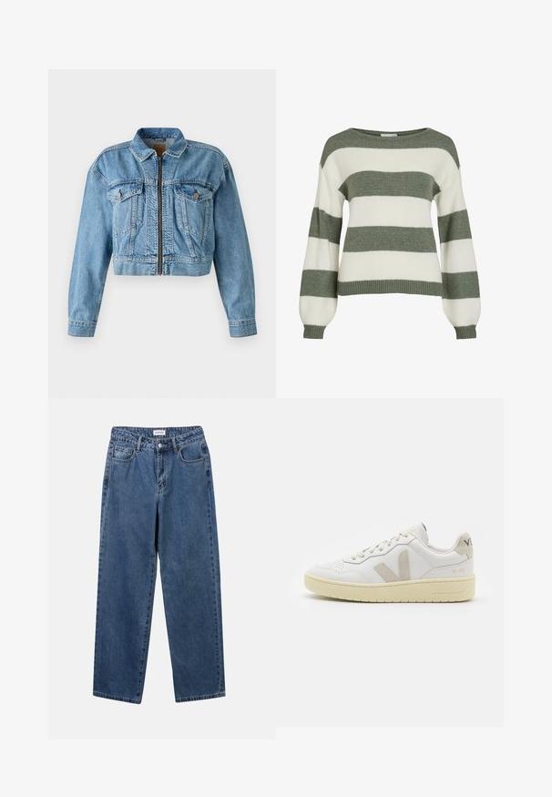 Világoskék, cropped farmerdzseki, elülső cipzárral, két mellzsebbel és hosszú ujjakkal. Megkopott textúra, látható varrással.; Zöld és fehér csíkos pulóver, laza fit, széles ujjak és bordázott mandzsetták. Puha, texturált kötött anyagból készült.; Klasszikus kék farmernadrág egyenes szárú dizájnal, öt zsebbel és gombos zárással. Közepes mosású és strapabíró textúrával rendelkezik.; Fehér bőr sneaker bézs velúr részletekkel, perforált orr résszel, lapos fűzőkkel és textúrált krémszínű talppal. Finom márkajelzés található a sarkán.