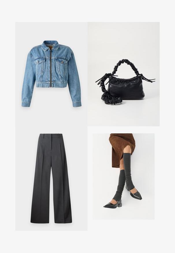 Veste en denim courte bleu clair, avec une fermeture éclair à l'avant, deux poches poitrine et des manches longues. Texture usée avec des coutures visibles.; Chemise blanche à manches longues en coton lisse, dotée d'un col classique et d'un ourlet arrondi. Les boutons sont petits et blancs.; Pantalons à jambes larges en tissu gris foncé, avec une taille haute, des plis simples et une texture lisse avec une finition soignée aux ourlets.; Chaussures à bout pointu en cuir verni noir avec un talon bloc et une bride à la cheville, accompagnées de jambières en maille grise et d'une jupe en daim marron.; Sac à main en simili cuir noir avec une texture crocodile, un dessus resserré et une sangle froncée. A l'apparence douce et compacte.