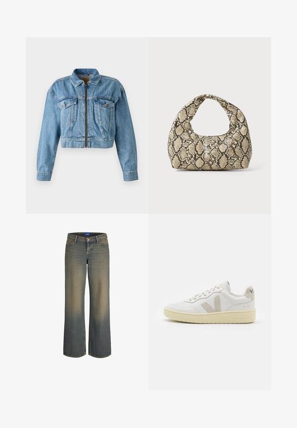 Lyhyt vaaleansininen farkkutakki, jossa on etuvetoketju, kaksi rintataskua ja pitkät hihat. Kulunut pinta, jossa näkyvät saumat.; Valkoinen pitkähihaista paitaa, jossa on röyhelökaulus, poimutettu etuosa ja elastiset hihansuut. Pehmeä kangas, jossa on hieman teksturoitu pinta.; Laajakaariset siniset farkut, joissa on vaaleasta tummaseen isot graadit, viisi taskua ja napillinen sulku. Ompeleet reunoissa.; Valkoiset nahkakengät, joissa on vaaleanruskeat pigmenttisuojat, rei'itetty kärki, litteät nauhat ja teksturoitu kermaisa pohja. Takana on huomaamaton brändäys.; Käärmeennahkakuosiset käsilaukku, jossa on kaareva kahva. Tehty teksturoiduista beigeistä ja ruskeista materiaaleista, joissa on erottuva timanttikuvio.