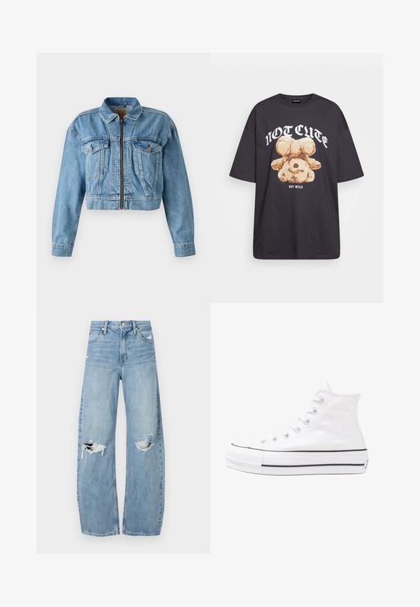 Lyhyt vaaleansininen farkkutakki, jossa on etuvetoketju, kaksi rintataskua ja pitkät hihat. Kulunut pinta, jossa näkyvät saumat.; Mustat ylisuurent-paidat, joissa on karhun grafiikka ja teksti "EI SULOINEN VAAN VILLI" rohkealla valkoisella fontilla. Puuvillamateriaali.; Vaaleansiniset, korkeavyötäröiset farkut, jotka on valmistettu denimmateriaalista. Ominaisuuksiin kuuluvat leveät lahkeet, kaksi revittyä polvialuetta ja klassinen viiden taskun tyyli.; Valkoiset korkeavartiset kangaskengät mustalla kumipohjalla, edessä kuminen varvasosa ja kuusi nauha-aukkoa, puhtaan minimalistisella muotoilulla.