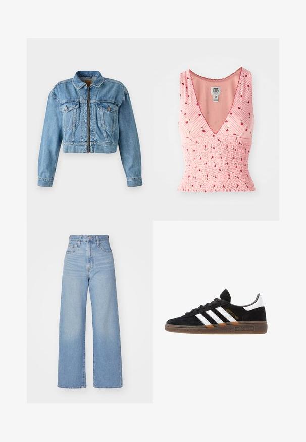 Giubbotto di jeans tagliato in azzurro chiaro, con cerniera frontale, due tasche sul petto e maniche lunghe. Texture usurata con cuciture visibili.; Top rosa senza maniche con scollatura a V, caratterizzato da dettagli arricciati e una stampa floreale. Piccole fiori rossi sono sparsi su uno sfondo a pois.; Jeans a vita alta blu chiaro con gamba larga, chiusura frontale con bottone e zip, tasche anteriori e posteriori, su uno sfondo bianco.; Sneaker Adidas nere con strisce bianche, testo "Spezial" dorato, suola in gomma e tab sul tallone bianco, mostrato in veduta laterale.
