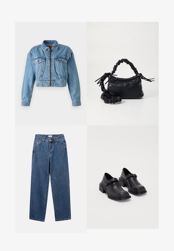 Zkrácená džínsová bunda v světle modré barvě, s předním zipem, dvěma náprsními kapsami a dlouhými rukávy. Ošuntělá textura s viditelným švem.; YAS YASMILLE - Polotričko - black/star white; Klasické modré džíny z denimu se střihy rovné nohy, pěti kapsami a zapínáním na knoflík. Mají střední odstín a odolnou texturu.; Černé kožené boty s kulatou špičkou, plochou podrážkou a páskem s detaily s přezkou. Masivní blokový podpatek pro zvýšenou stabilitu.; Černá kabelka z umělé kůže s krokodýlím vzorem, staženým vrškem a zmačkaným popruhem. Zdá se, že má měkký a kompaktní design.