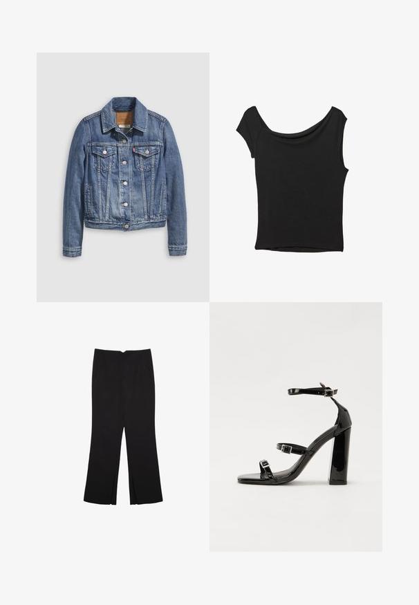 Giacca di jeans blu medio con colletto classico, chiusura frontale con bottoni, due tasche sul petto e dettagli in metallo tono oro. Particolarità di effetto consumato.; Top nero a maniche corte realizzato in tessuto liscio; presenta un colletto drappeggiato e un orlo asimmetrico, con una vestibilità aderente.; Pantaloni neri a gamba dritta, con tasche frontali e spacchi laterali all'orlo. Realizzati in tessuto morbido e liscio. Adatti a diverse occasioni.; Sandali con tacco in vernice nera, con punta squadrata, cinturini alla caviglia e fibbie in argento. Presentano un tacco a blocco spesso per maggiore stabilità.