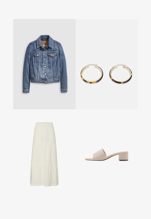 Denim jacket in medium blue with a classic collar, button front, two chest pockets, and gold-tone hardware. Distressed texture detail.; White off-the-shoulder top with ruffled accents, gathered texture, and an elasticized waistband. Made from soft cotton fabric.; White, tiered maxi skirt made of lightweight, textured fabric with an elastic waistband. Features three distinct fabric sections.; Beige block-heeled sandal with a wide strap and open toe. Smooth material and sleek design. Short, sturdy heel for stability.; Gold-tone hoop earrings with a tortoiseshell-patterned resin outer edge, featuring a smooth finish and a sleek, circular shape.