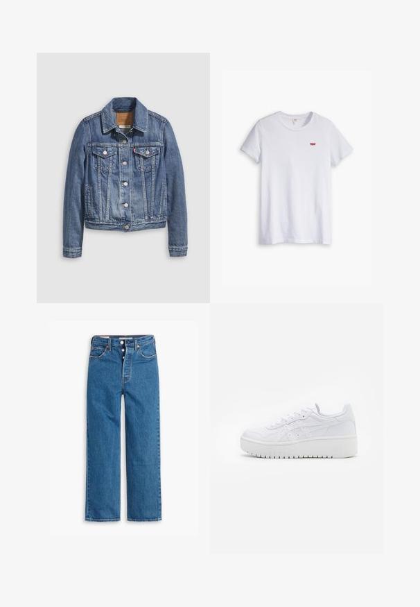 Jeansjacke in mittlerem Blau mit klassischem Kragen, Knopfleiste, zwei Brusttaschen und goldfarbenen Beschlägen. Mit Used-Effekt.; Weißes Baumwoll-T-Shirt mit kurzen Ärmeln und rundem Ausschnitt. Besitzt ein kleines rotes Levi's-Logo auf der linken Brustseite.; Blaue Denim-Jeans mit geradem Bein, hoher Taille, fünf Taschen und Knopfverschluss. Auffällige Nähte und Nieten in Kupferfarbe.; Weiße Plattform-Sneaker aus glattem Leder mit perforierten Details und flachen Schnürsenkeln; ausgestattet mit einer dicken weißen Gummisohle.